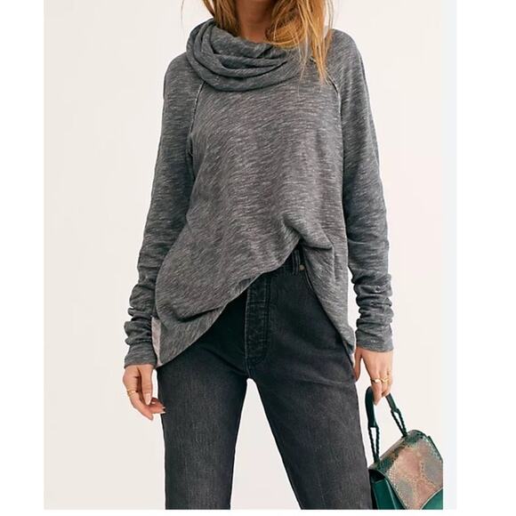 Free People Beach Sweatshirt Women's OS Cocoon Cowl Pullover Light Blue Cotton - Picture 1 of 8